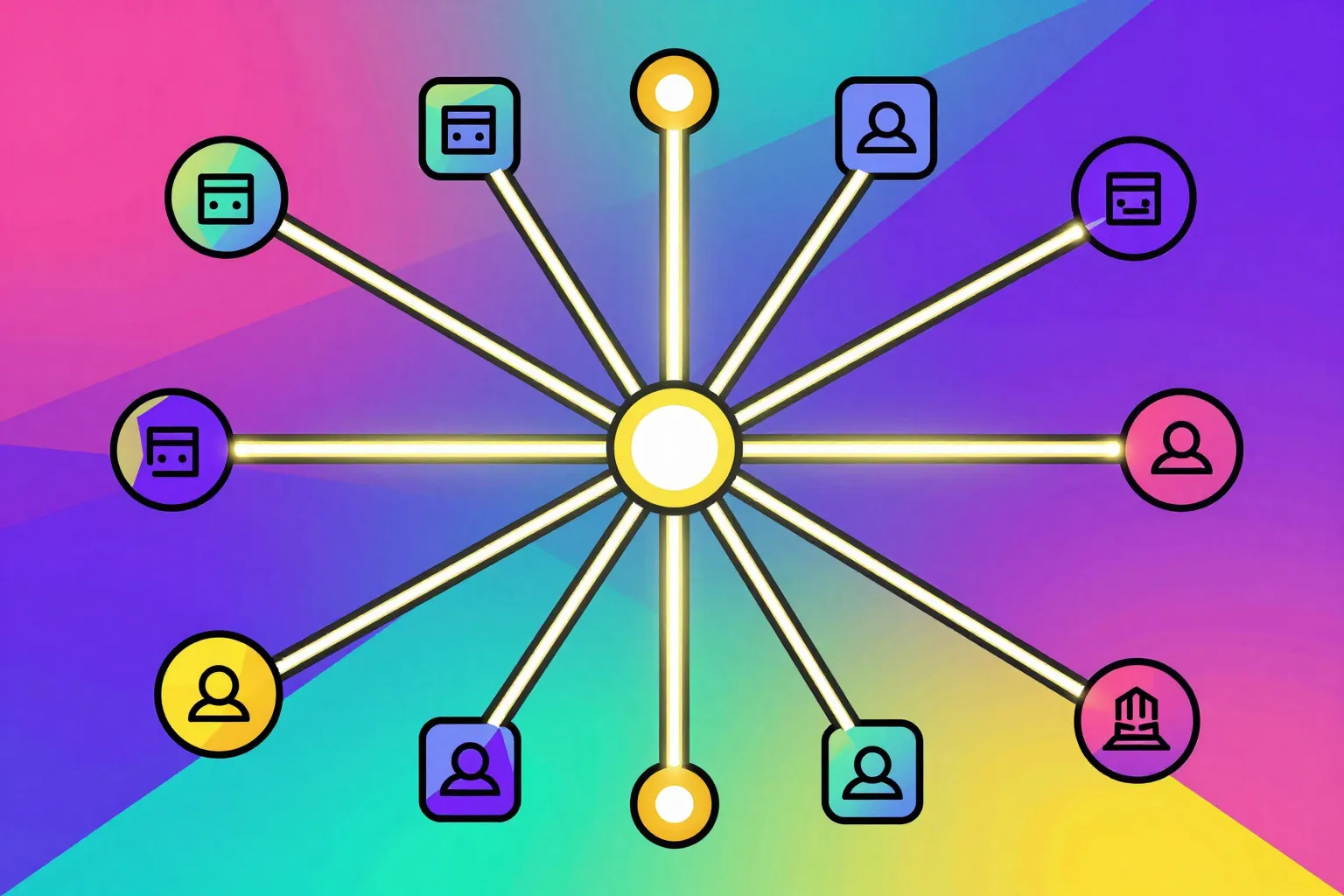 AI Discoverability Stack: connected nodes radiating structured data signals to AI search engines