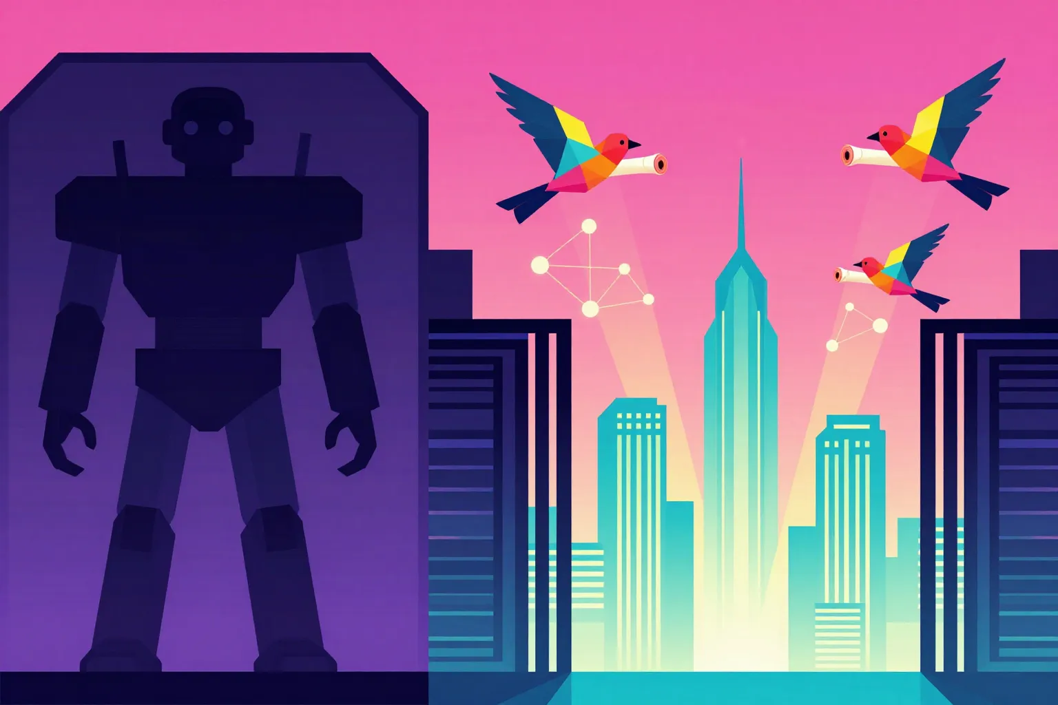 Geometric illustration showing dark robot figures blocked by a shield wall while colorful birds carry scrolls through open gates, representing bot segmentation strategy