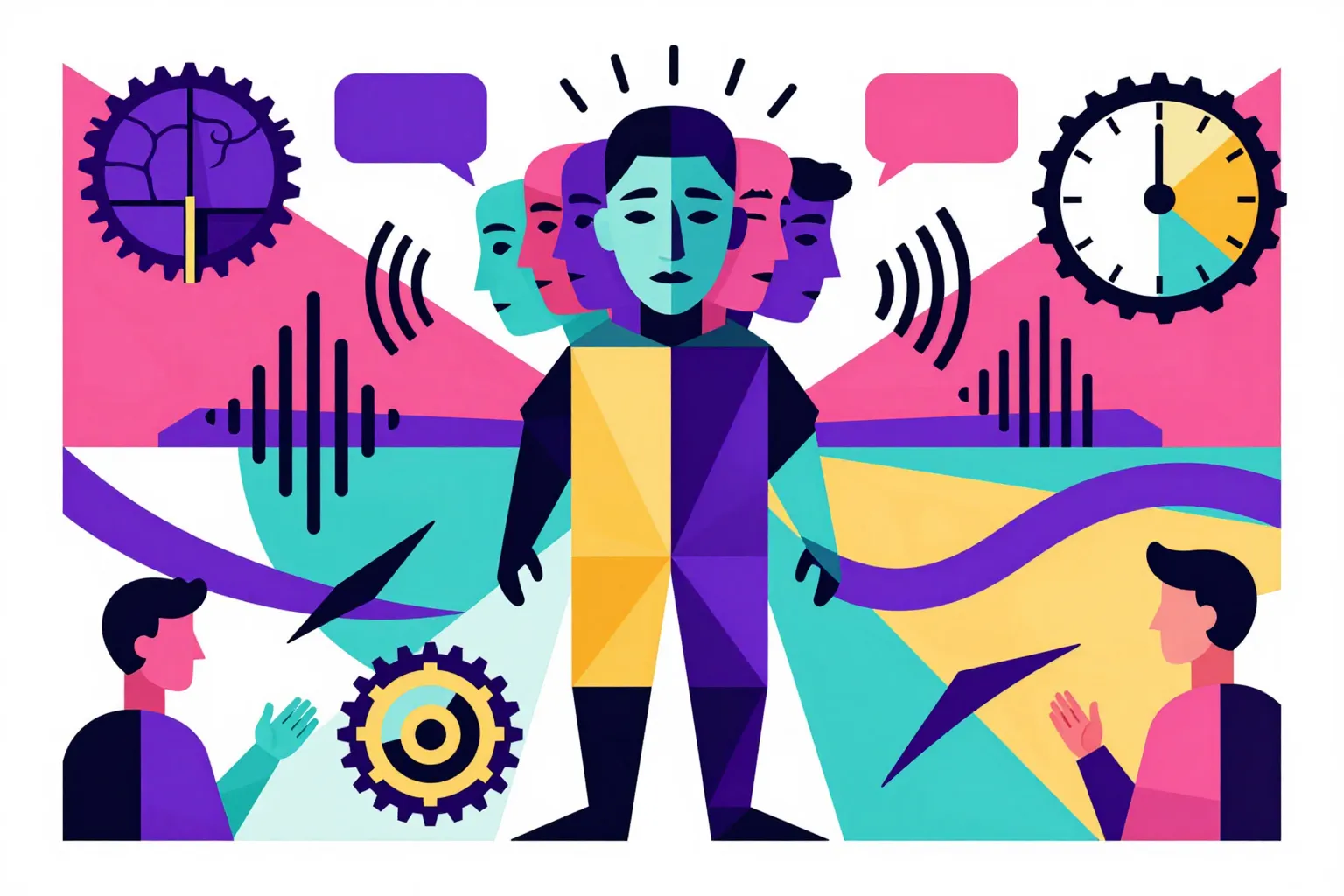 Geometric illustration of an AI agent figure with multiple personality layers radiating outward, surrounded by tone calibration dials and conversation ribbons connecting to human silhouettes