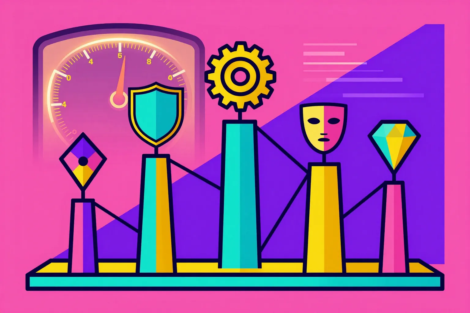 Geometric illustration of five measurement pillars representing AX metrics: trust, efficiency, autonomy, personality, and business impact