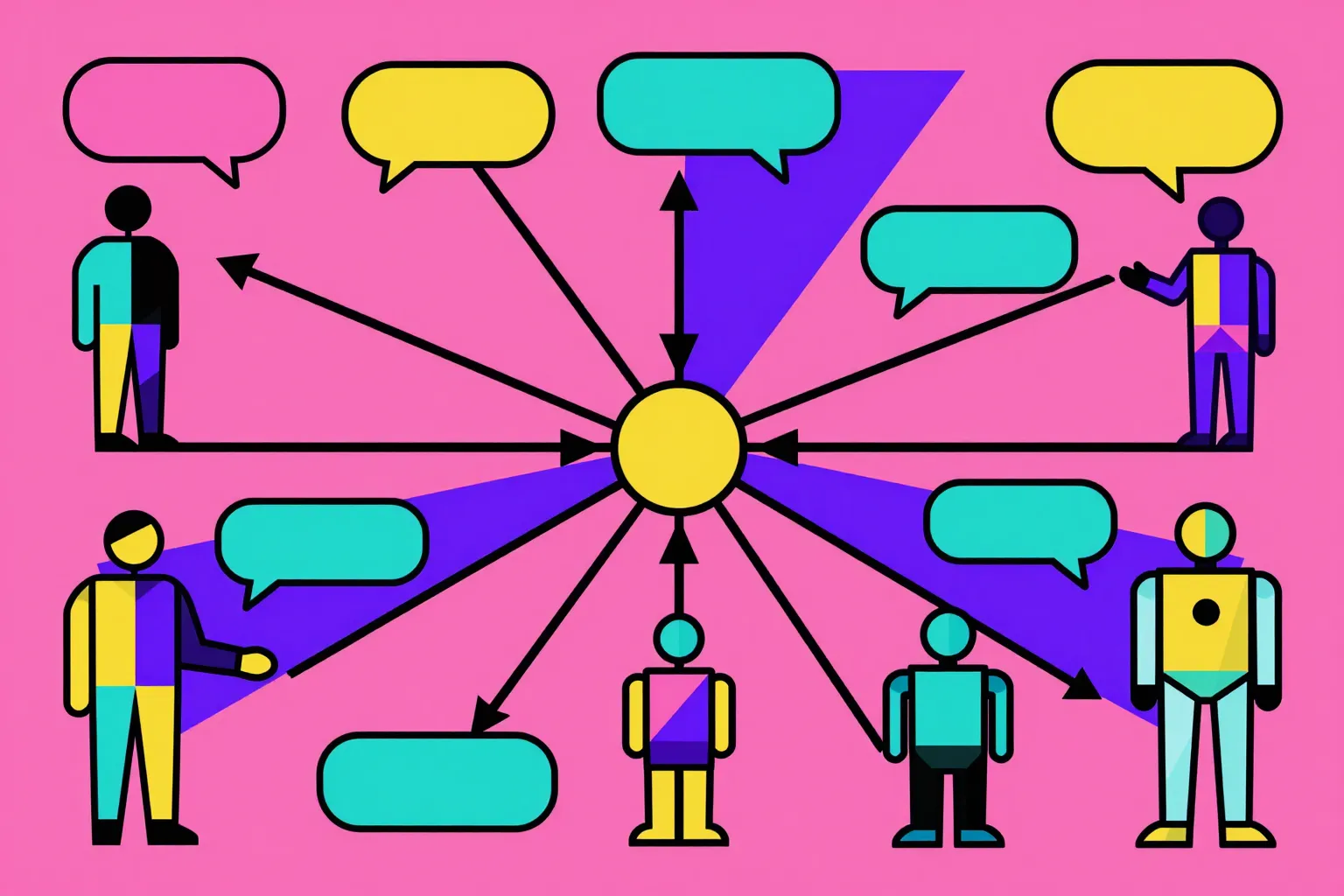 Geometric illustration of interconnected conversation bubbles flowing between human figures and AI agents in a hub-and-spoke pattern, representing multi-turn conversation flow architecture