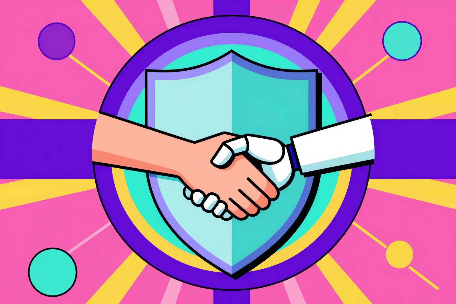 Geometric illustration of a human and robot hand meeting in a handshake inside a trust shield, representing trust design patterns in AX Design