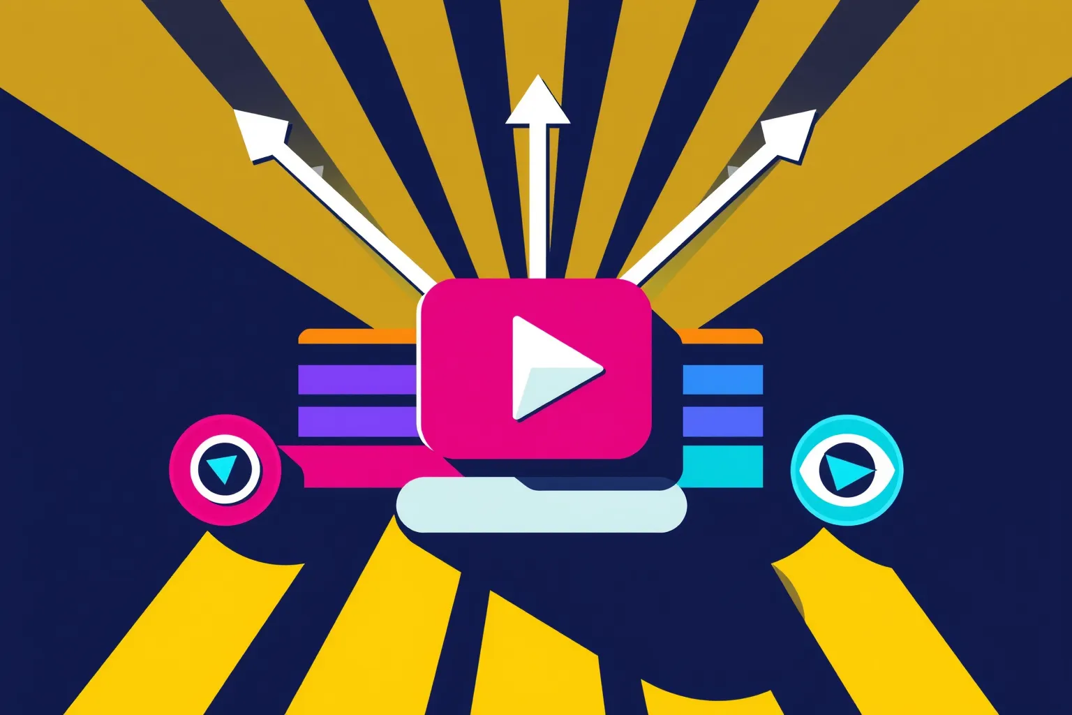 Abstract geometric YouTube play button being read by AI engines, citation arrows radiating outward, hot pink electric purple and golden yellow Bauhaus illustration