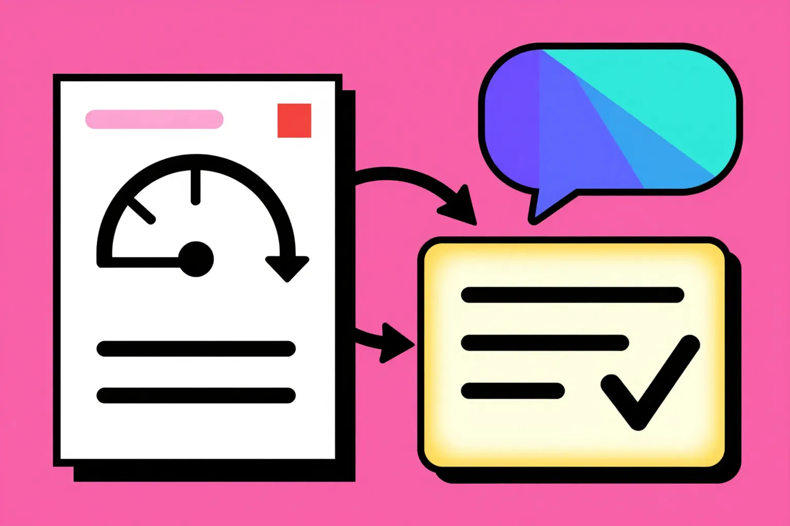 Geometric illustration of an audit finding being turned into a ready-to-paste AI fix prompt and an advisor speech bubble, in bold flat Bauhaus style
