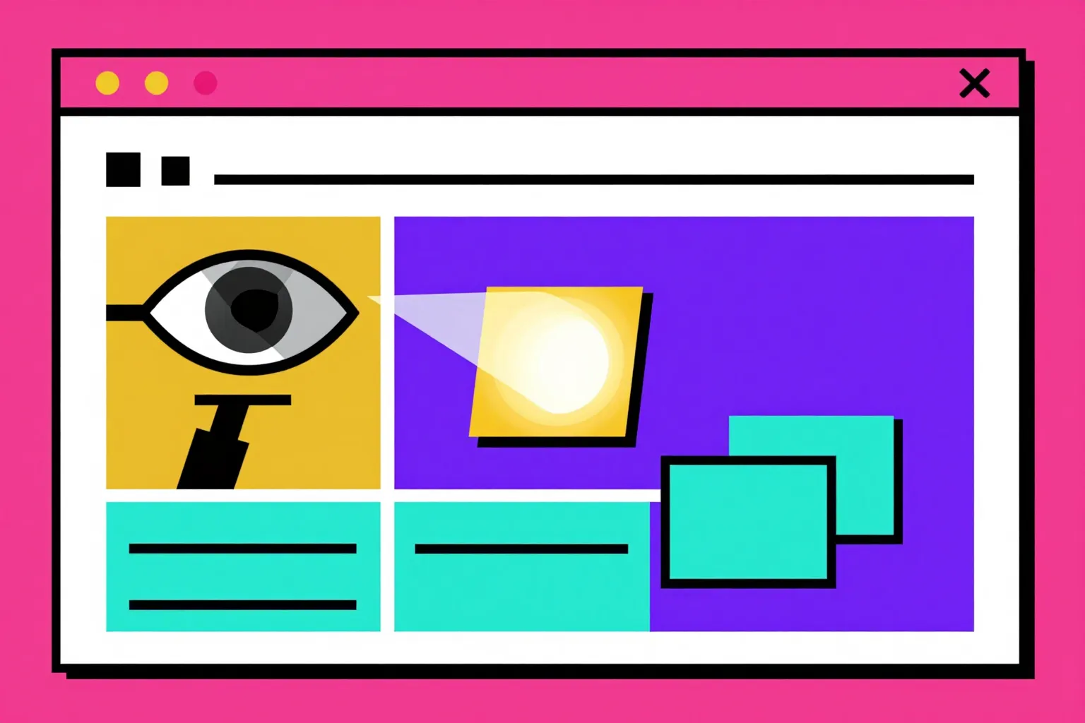 Geometric illustration of a web page being read by an AI answer engine, with extractable answer blocks separated from unreadable content, in bold flat Bauhaus style