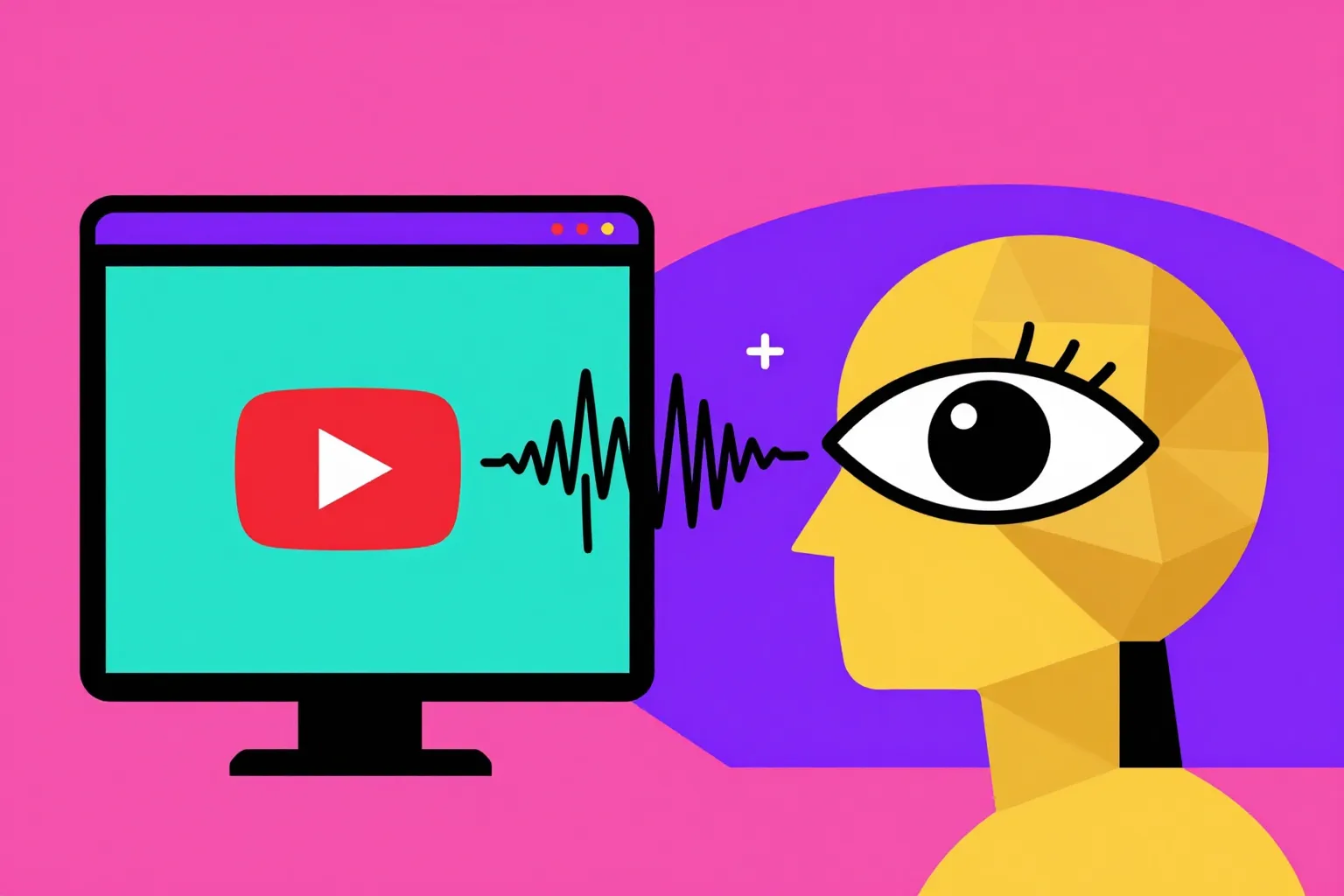 Geometric illustration of a brand signal being read from YouTube video transcripts by an AI engine, in bold flat Bauhaus style