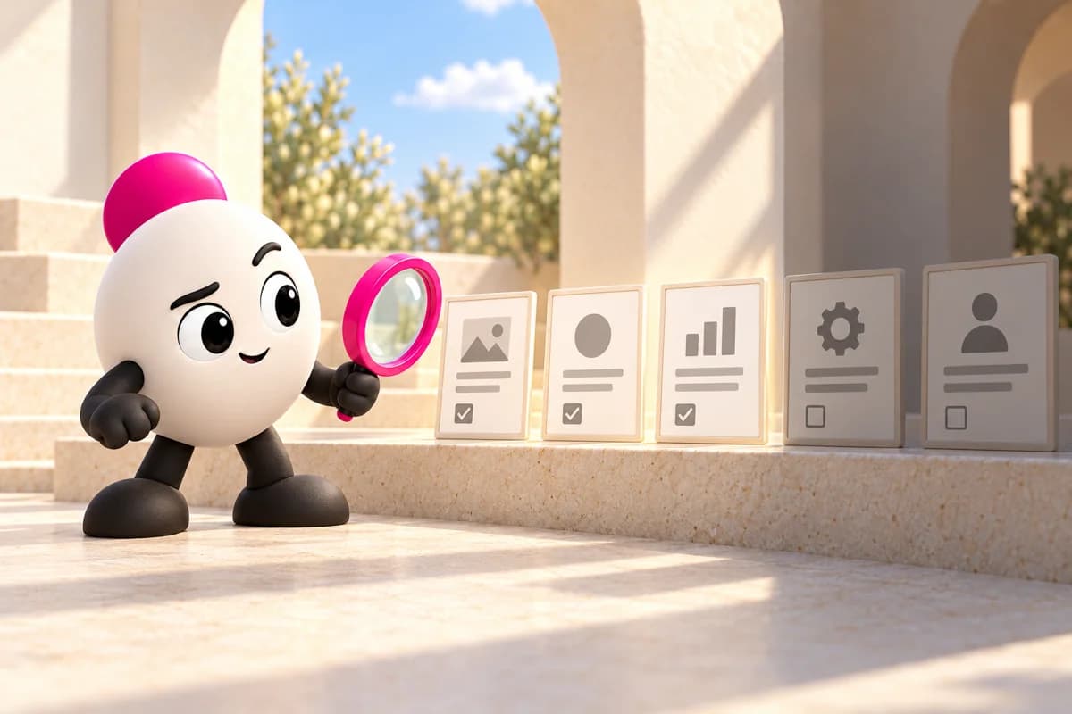 Scout, Pixelmojo’s character, points a pink magnifying glass at a row of five page cards on a sunlit stone ledge. Three cards are ticked as in scope; the last two are unticked and left out.