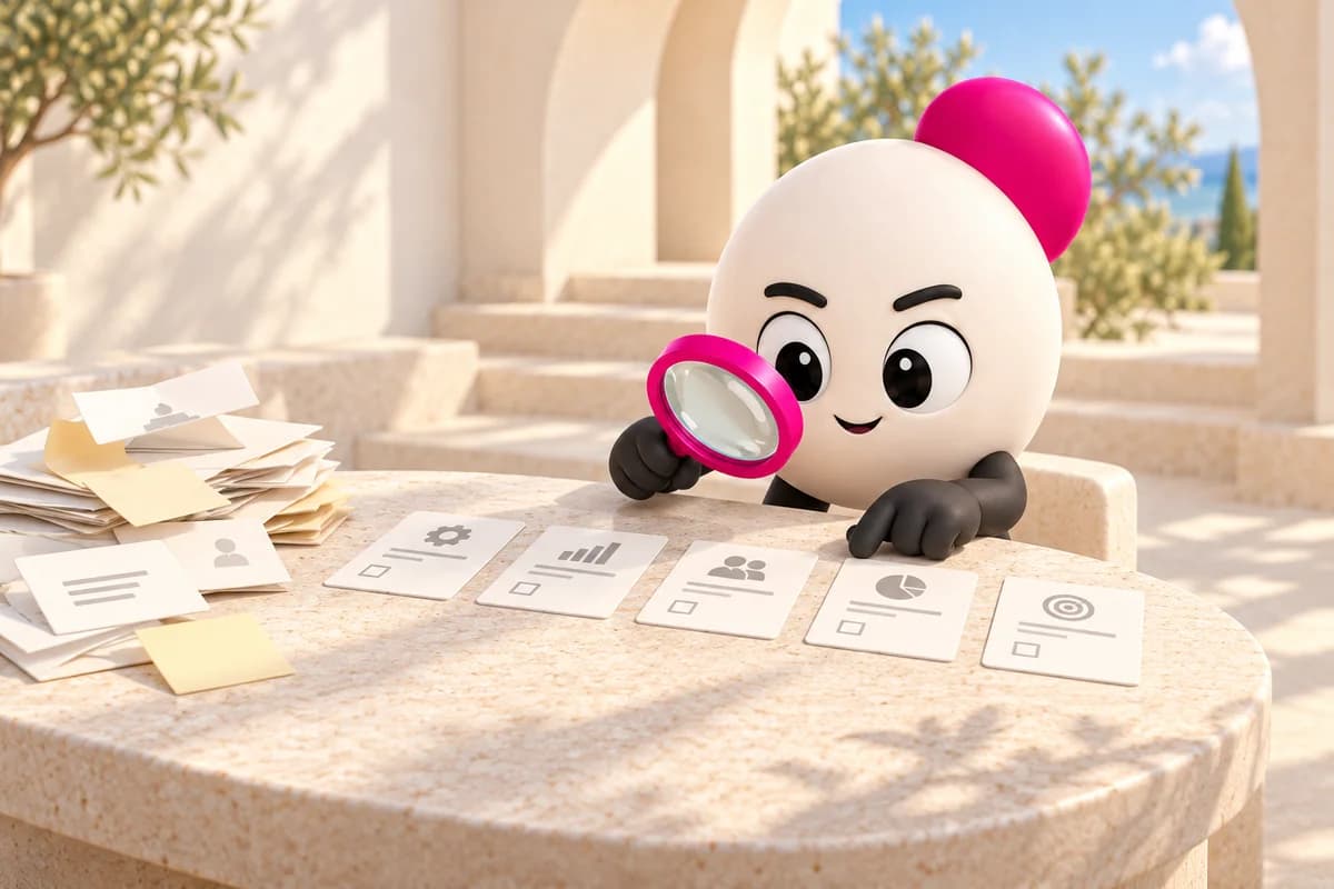 Scout, Pixelmojo’s character, examines five neat question cards through a pink magnifying glass on a stone table, with an untidy pile of notes, envelopes and sticky notes pushed to one side.
