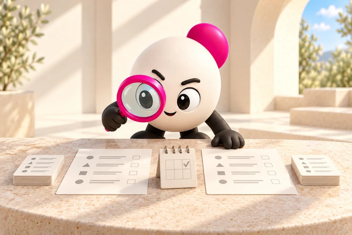 Scout, Pixelmojo’s character, compares two identical checklist sheets through a pink magnifying glass, with a small desk calendar between them and a matching stack of cards beside each sheet.