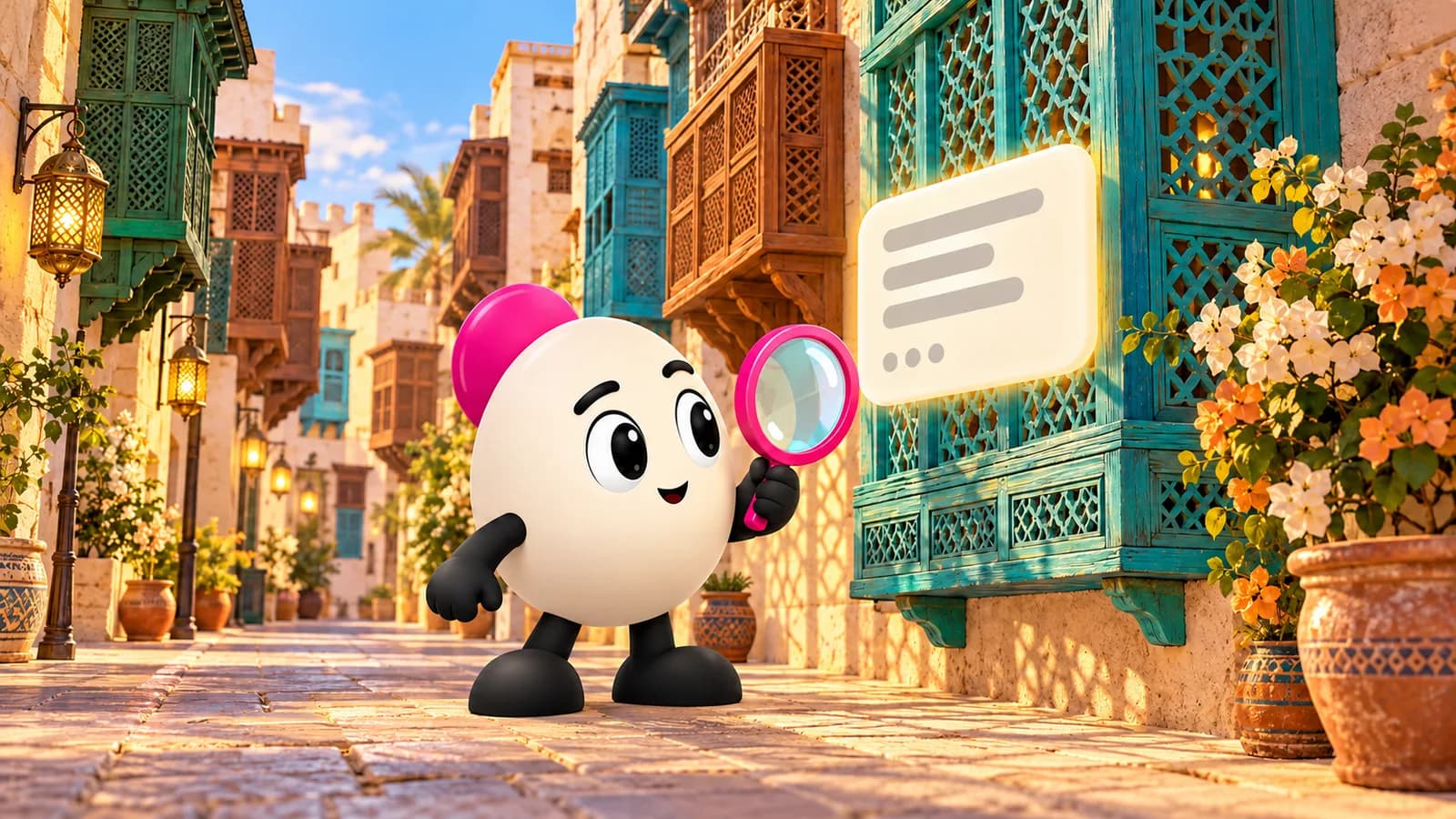 رسم توضيحي: Scout، شخصية Pixelmojo، يحمل عدسة مكبّرة ويقرأ بطاقة إجابة في زقاق من جدة التاريخية تحيط به الرواشين الحجازية الملوّنة.