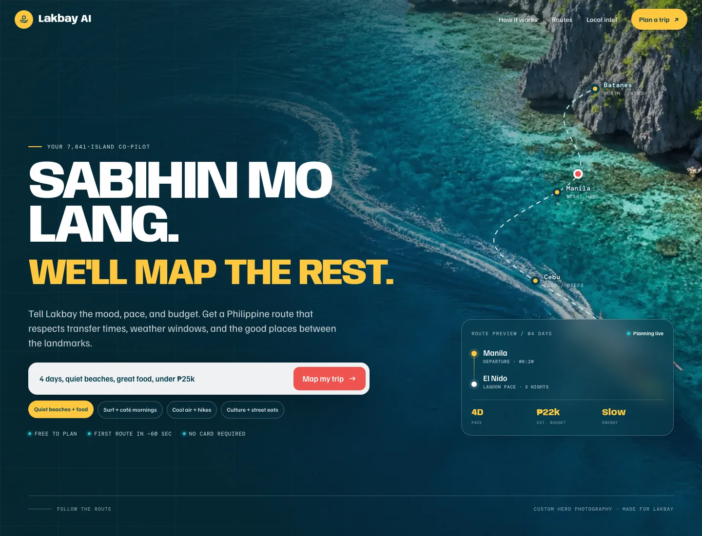 Lakbay AI homepage showing an island route, trip prompt, and itinerary preview