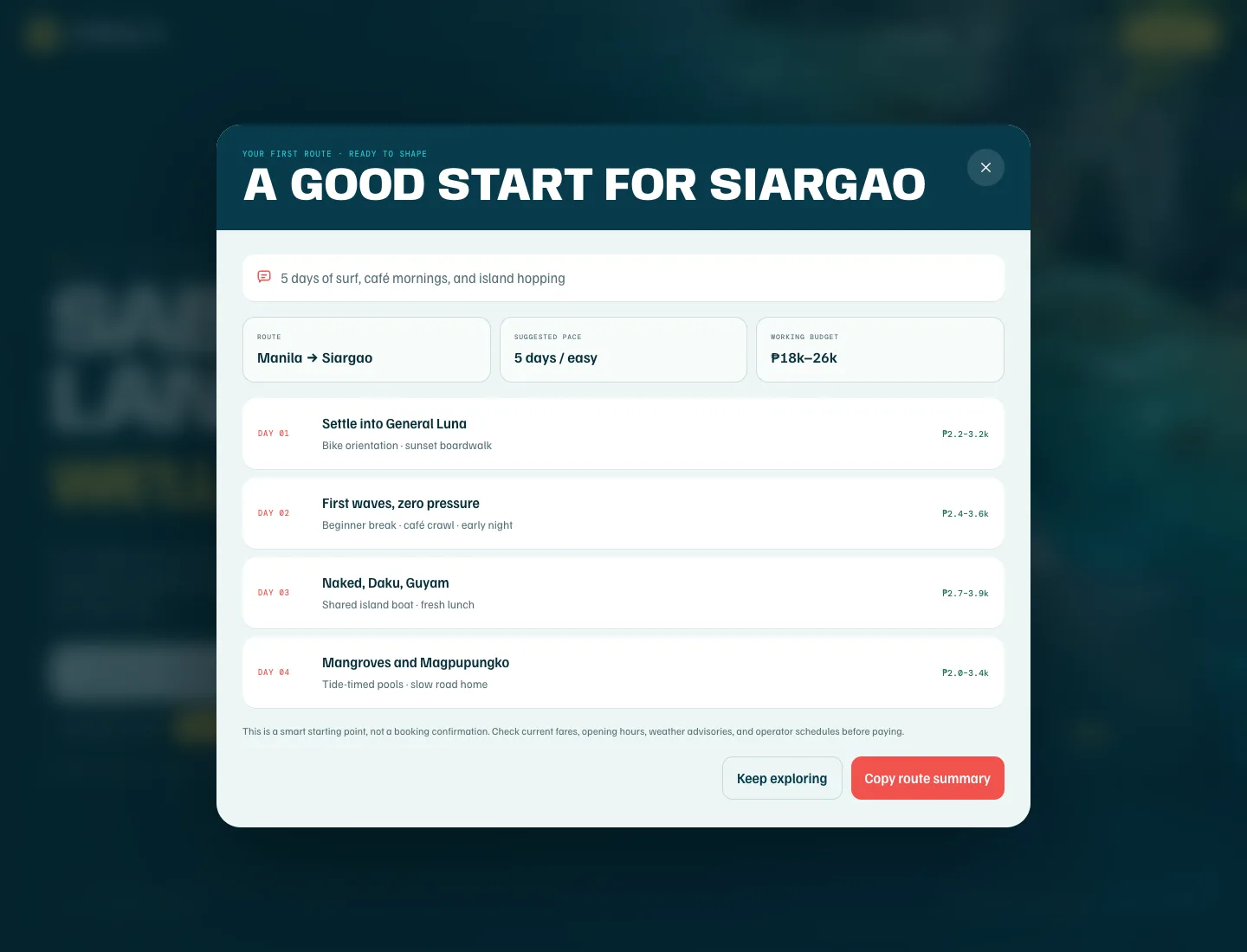 Lakbay AI structured Siargao itinerary with daily activities, route, pace, and budget