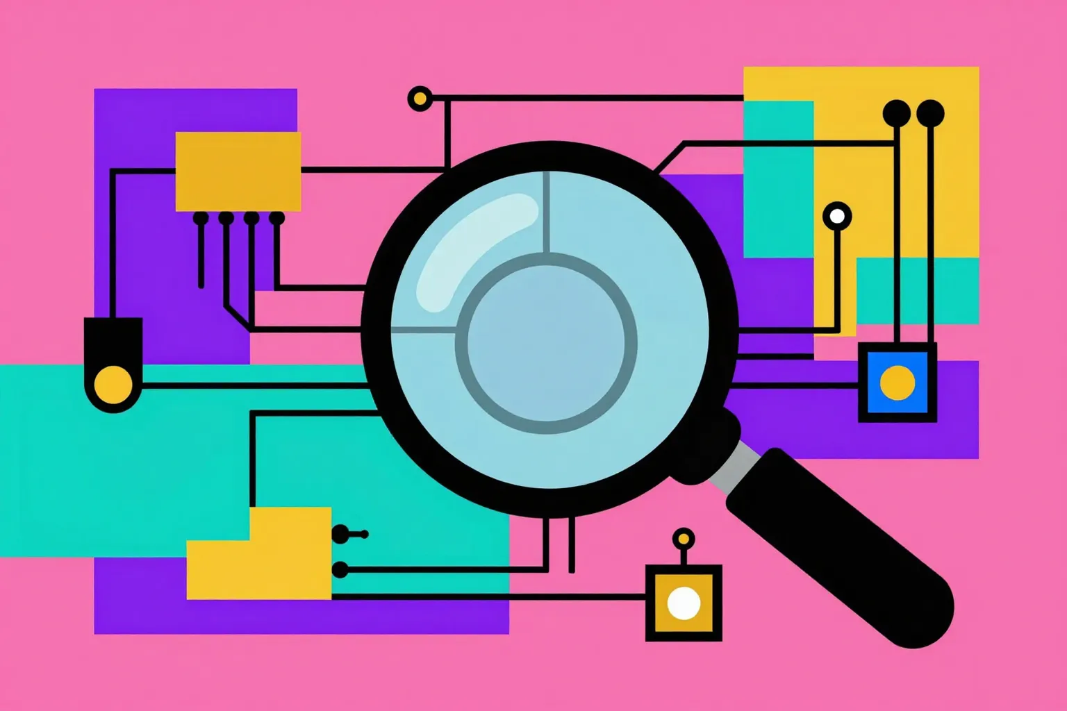 Flat geometric illustration of an AI architecture being audited, inspection lens over a system of connected nodes